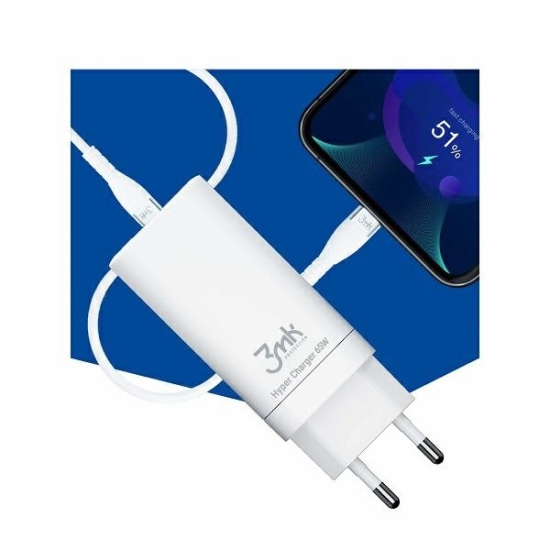Ładowarka sieciowa 3MK HyperCharger 65W 2xUSB-C + USB-A GaN PD 3.0 QC 4.0 biała