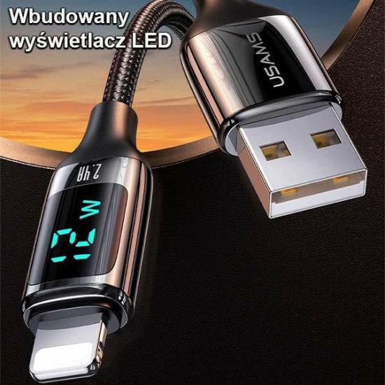 Kabel pleciony USAMS U78 lightning 1.2m LED 2.4A Fast Charging czarny/black SJ543USB01