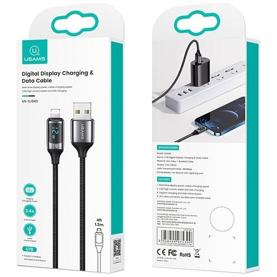 Kabel pleciony USAMS U78 lightning 1.2m LED 2.4A Fast Charging silver black SJ543USB02