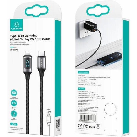Kabel pleciony USAMS U78 USB-C na Lightning LED 1.2m 20W PD Fast Charge biały/white SJ545USB02