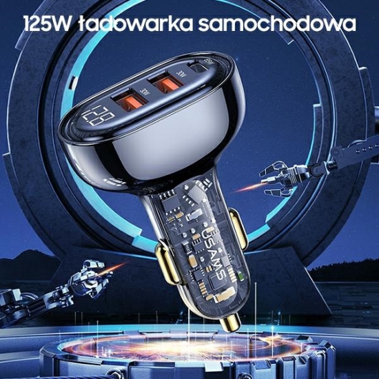 Ładowarka samochodowa USAMS 1xUSB-C 2xUSB-A 125W Fast Charge transparent blue CC158CC02