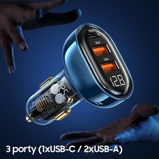 Ładowarka samochodowa USAMS 1xUSB-C 2xUSB-A 125W Fast Charge transparent blue CC158CC02
