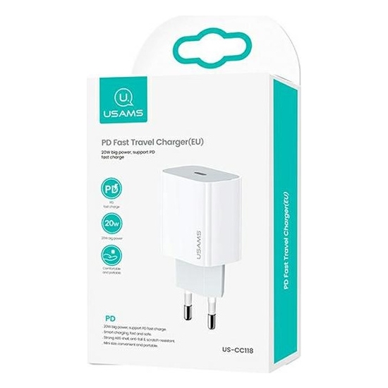 Ładowarka sieciowa USAMS T34 1xUSB-C 20W 5V-3A PD3.0 Fast Charging biały/white CC118TC01
