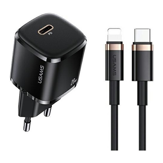 Ładowarka sieciowa USAMS T36 mini 1xUSB-C 20W + kabel USB-C-Lightning czarny/black PD3.0 Fast Charging XFKXLOGTL01