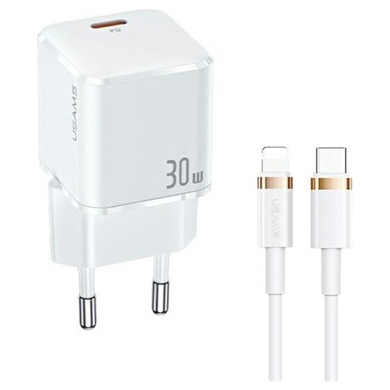 Ładowarka sieciowa USAMS T45 1xUSB-C 30W PD3.0 +QC3.0 Fast Charging +kabel U63 USB-C/Lightning biały/white UXTZH02