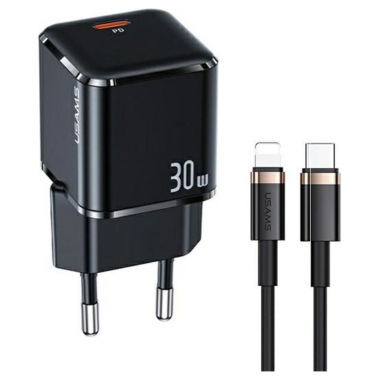 Ładowarka sieciowa USAMS T45 1xUSB-C 30W PD3.0 +QC3.0 Fast Charging +kabel U63 USB-C/Lightning czarny/black UXTZH01