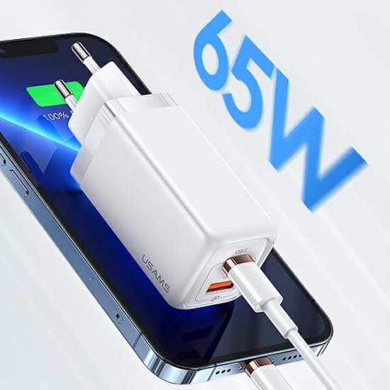 Ładowarka sieciowa USAMS T47 1xUSB-C+1xUSB 65W PD Fast Charging Super Si biały/white CC153TC02