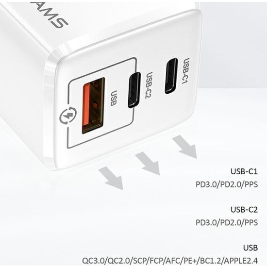 Ładowarka sieciowa USAMS MT T33 2xUSB-C+USB GaN 65W PD Fast Charging biały/white CC110TC02