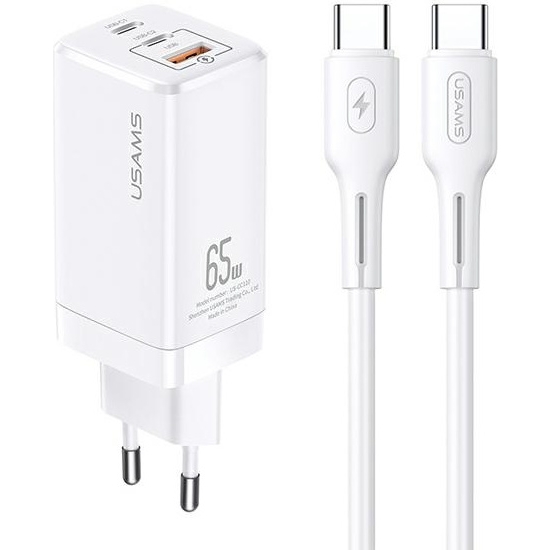 Ładowarka sieciowa USAMS MT T33 2xUSB-C+USB GaN 65W PD + kabel USB-C-USB-C 100W Fast Charging biały/white MTXLOGTC02