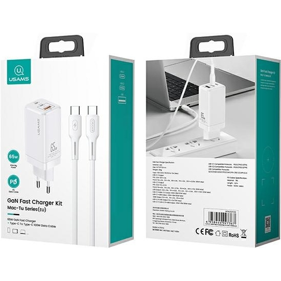 Ładowarka sieciowa USAMS MT T33 2xUSB-C+USB GaN 65W PD + kabel USB-C-USB-C 100W Fast Charging biały/white MTXLOGTC02