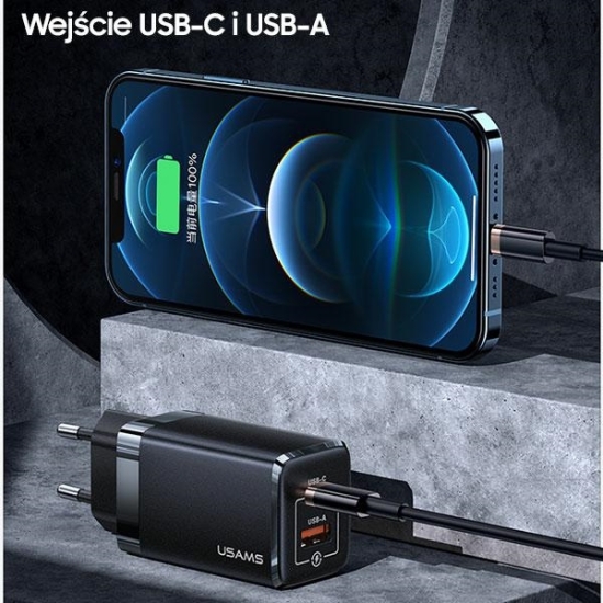 Ładowarka sieciowa USAMS T41 USB-C+USB GaN 47W PD+QC Fast Charging biały/white CC137TC02