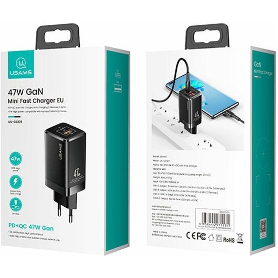 Ładowarka sieciowa USAMS T41 USB-C+USB GaN 47W PD+QC Fast Charging biały/white CC137TC02