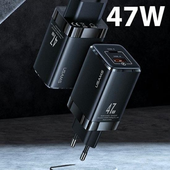 Ładowarka sieciowa USAMS T41 USB-C+USB GaN 47W PD+QC Fast Charging czarny/black CC137TC01