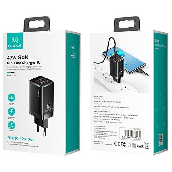 Ładowarka sieciowa USAMS T41 USB-C+USB GaN 47W PD+QC Fast Charging czarny/black CC137TC01