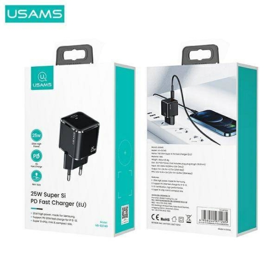 Ładowarka sieciowa USAMS T42 mini 1xUSB-C 25W Super SI 5V-3A PD3.0 Fast Charging czarny/black CC140TC01