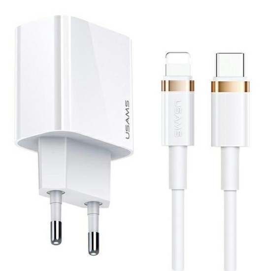 Ładowarka sieciowa USAMS T34 1xUSB-C 20W 5V-3A PD3.0 + kabel U63 USB-C/Lightning 20W biały/white T49OCLN01