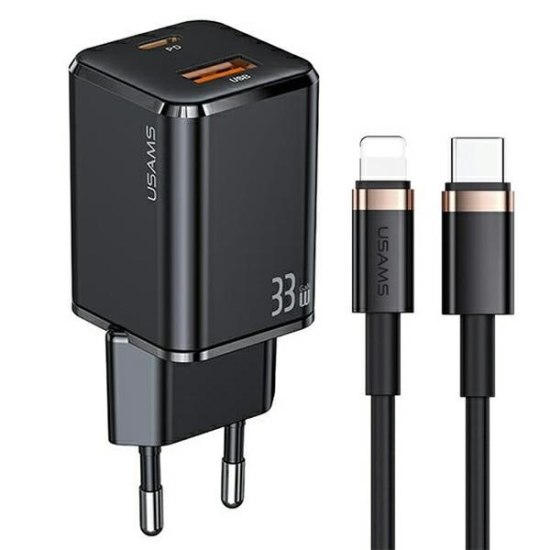 Ładowarka sieciowa USAMS T43 1xUSB-C/1xUSB 33W PD 3.0 + QC 3.0  + kabel U63 USB-C/Lightning czarny/black USKTZ01