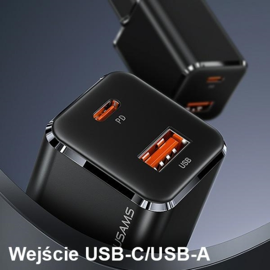 Ładowarka sieciowa USAMS T43 1xUSB-C/1xUSB 33W PD 3.0 + QC 3.0  + kabel U63 USB-C/Lightning czarny/black USKTZ01