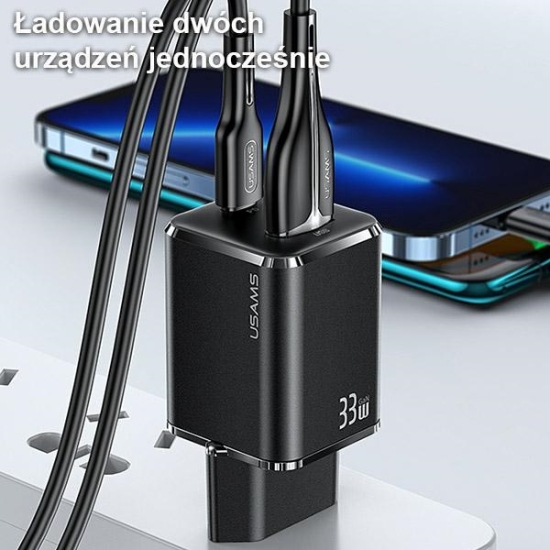 Ładowarka sieciowa USAMS T43 1xUSB-C/1xUSB 33W PD 3.0 + QC 3.0  + kabel U63 USB-C/Lightning czarny/black USKTZ01