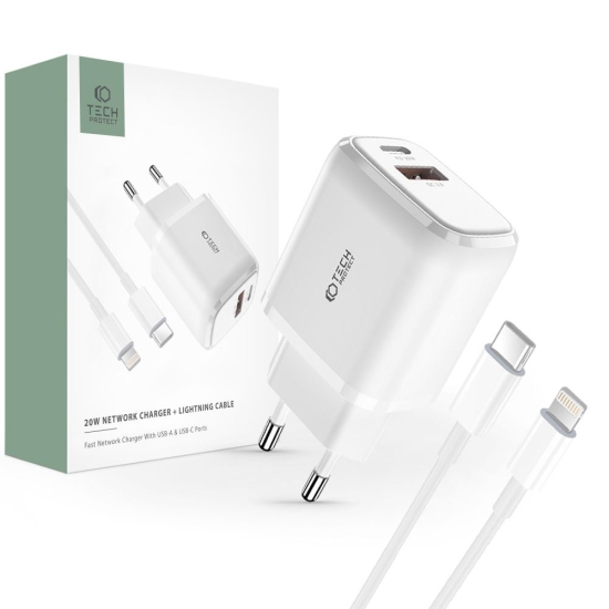 Ładowarka sieciowa Tech-Protect C20w 2-port Network Charger PD 20W QC 3.0 + kabel Lightning White