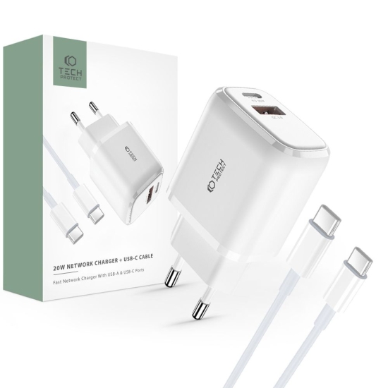 Ładowarka sieciowa Tech-Protect C20W 2-port Network Charger PD 20W QC 3.0 + USB-C Cable White