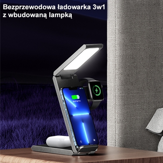 Ładowarka bezprzewodowa USAMS z lampą 3w1 15W czarny/black CD181WXC01 (US-CD181)