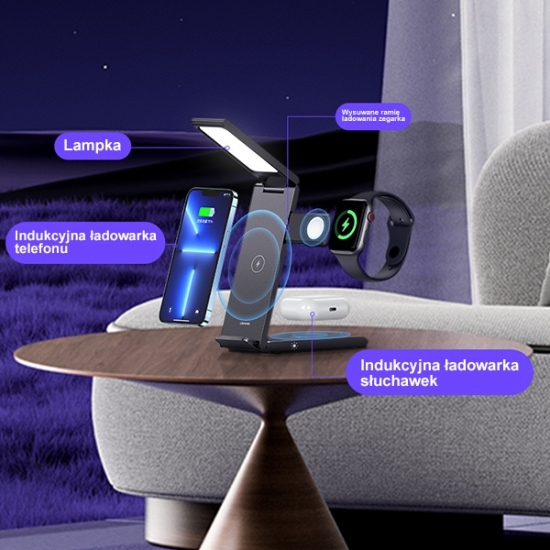 Ładowarka bezprzewodowa USAMS z lampą 3w1 15W czarny/black CD181WXC01 (US-CD181)