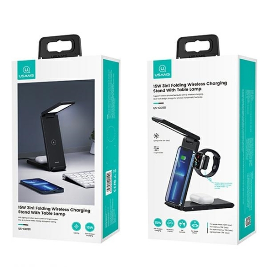 Ładowarka bezprzewodowa USAMS z lampą 3w1 15W czarny/black CD181WXC01 (US-CD181)