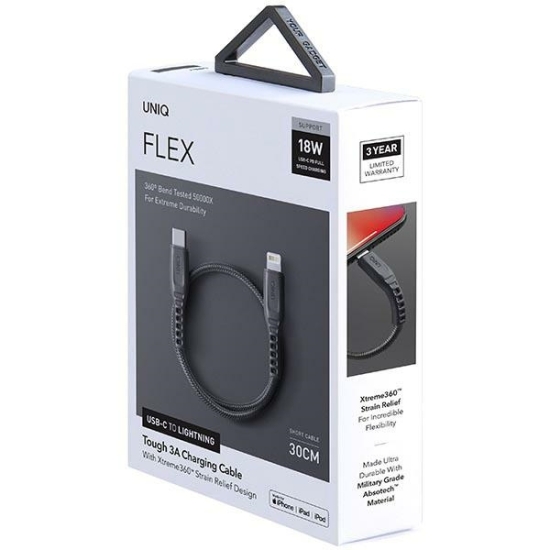 Kabel UNIQ Flex USB-C/Lightning 18W 30cm Nylon szary/charcoal grey