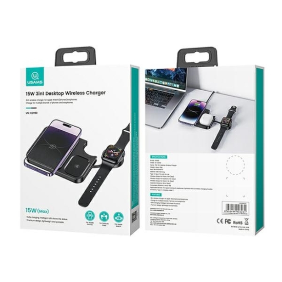 Ładowarka bezprzewodowa USAMS 3w1 15W czarny/black (US-CD190)