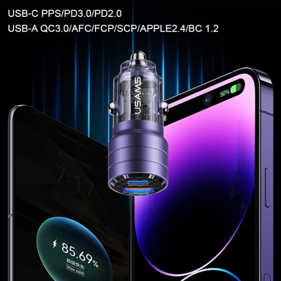 Ładowarka samochodowa USAMS C36 USB-A+USB-C 95W Fast Charge fioletowy/purple (US-CC176)