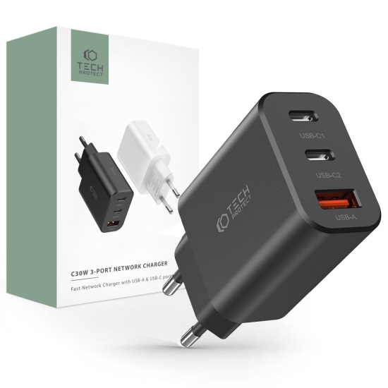Ładowarka sieciowa Tech-Protect C30W 3-port Network Charger PD 30W QC 3.0 Black