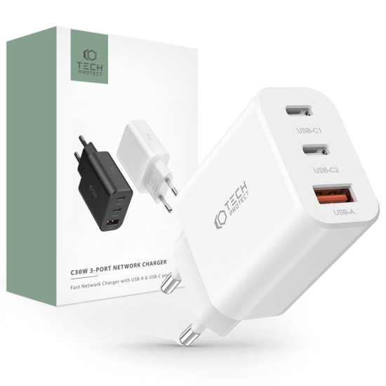 Ładowarka sieciowa Tech-Protect C30W 3-port Network Charger PD 30W QC 3.0 White