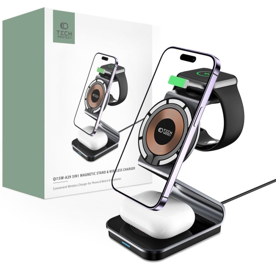 Ładowarka bezprzewodowa Tech-Protect Qi15W-A29 3in1 Magnetic MagSafe Wireless Charger Black
