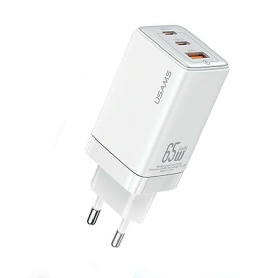 Ładowarka sieciowa USAMS CC180TC02 2xUSB-C+1xUSB-A 65W GaN PD+QC Fast Charging biały/white Sandru Series
