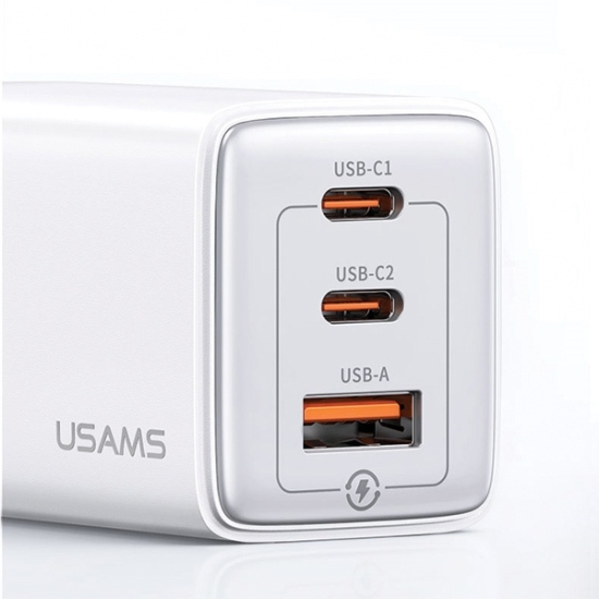 Ładowarka sieciowa USAMS CC180TC02 2xUSB-C+1xUSB-A 65W GaN PD+QC Fast Charging biały/white Sandru Series