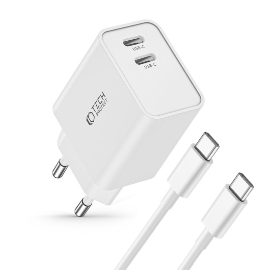 Ładowarka sieciowa Tech-Protect C35W, 2xUSB-C, PD, 35W + kabel USB-C biała