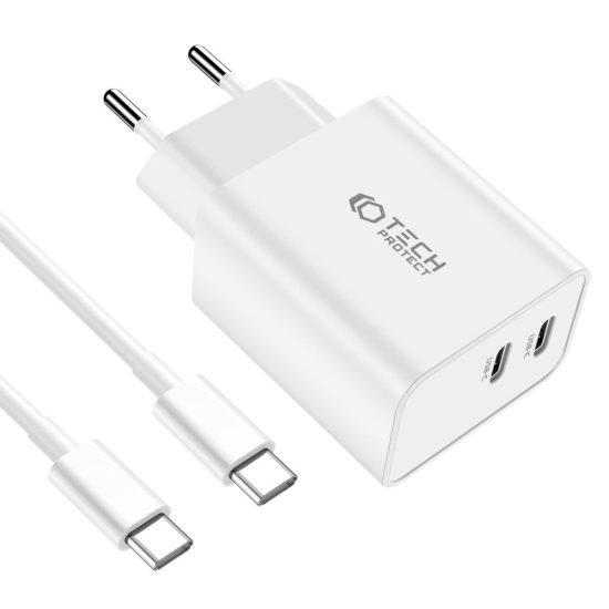 Ładowarka sieciowa Tech-Protect C35W, 2xUSB-C, PD, 35W + kabel USB-C biała
