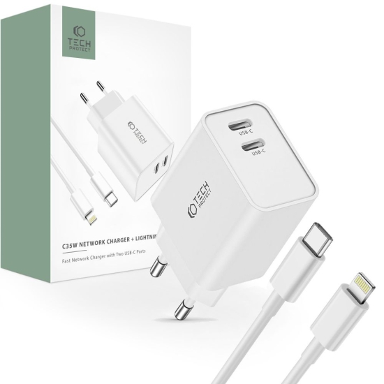 Ładowarka sieciowa Tech-Protect C35W, 2xUSB-C, PD, 35W + kabel lightning biała