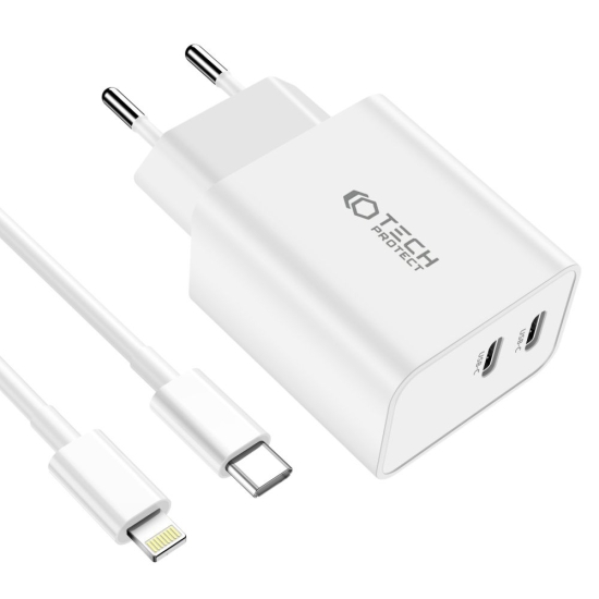 Ładowarka sieciowa Tech-Protect C35W, 2xUSB-C, PD, 35W + kabel lightning biała