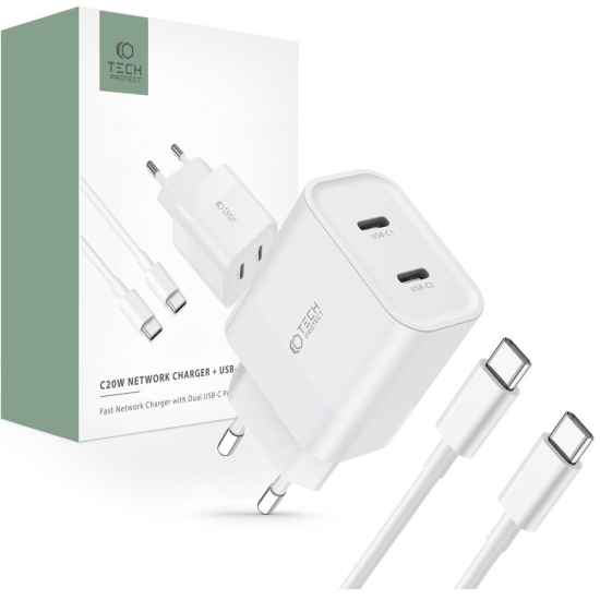 Ładowarka sieciowa Tech-Protect C20W Network Charger 2xUSB-C, PD, 20W + kabel USB-C / USB-C 100cm White