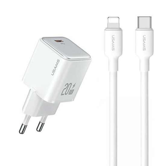 Ładowarka sieciowa USAMS US-CC183 USB-C 20W PD3.0 + kabel US-SJ610 USB-C / Lightning biały/white