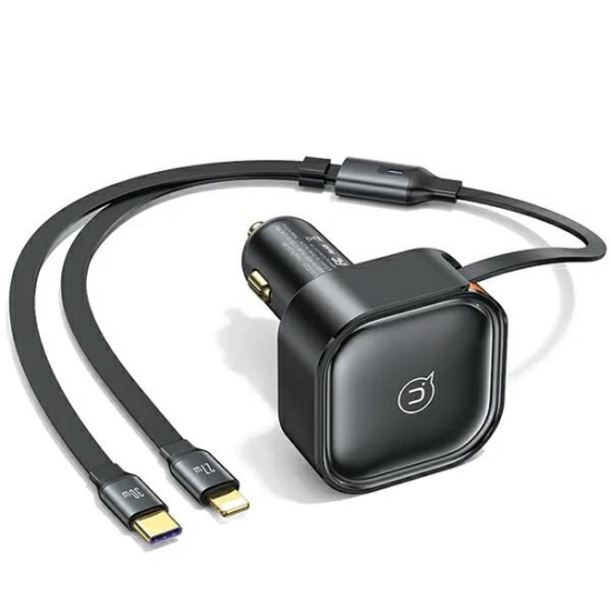 Ładowarka samochodowa USAMS C41 ze zwijanym kablem 1xUSB-C, 1xLightning  PD 30W Fast Charge czarny/black
