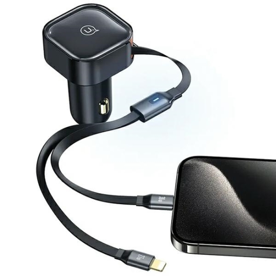 Ładowarka samochodowa USAMS C41 ze zwijanym kablem 1xUSB-C, 1xLightning  PD 30W Fast Charge czarny/black