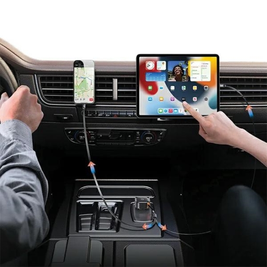 Ładowarka samochodowa USAMS C41 ze zwijanym kablem 1xUSB-C, 1xLightning  PD 30W Fast Charge czarny/black