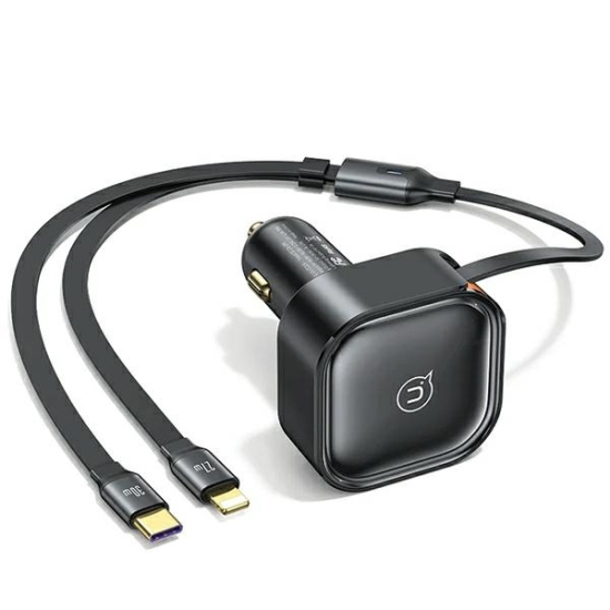 Ładowarka samochodowa USAMS C41 ze zwijanym kablem 2xUSB-C PD 30W Fast Charge czarny/black