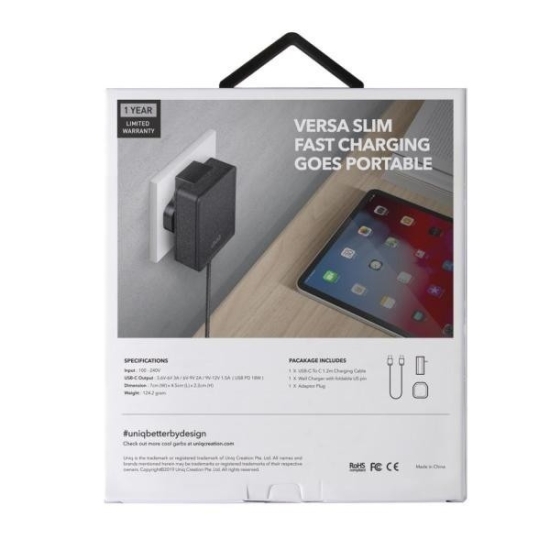UNIQ Ład. siec. Versa Slim  USB-C PD 18W + kabel USB-C na USB-C czarny/charcoal black (LITHOS Collective)