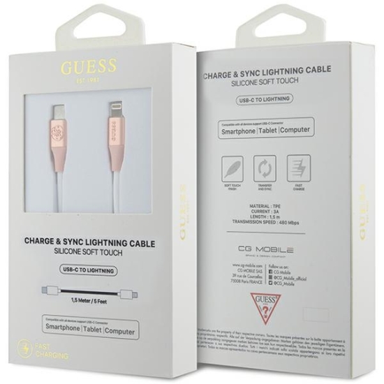 Kabel Guess GUCLLALRGDP USB-C / Lightning 1.5m Fast Charging Ebossed Logo różowy/pink