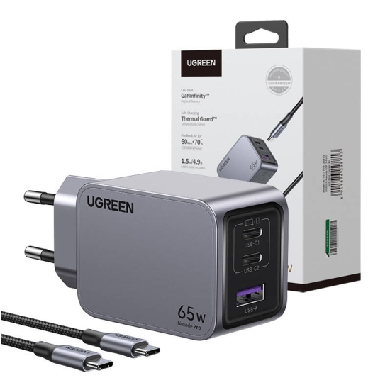 Ładowarka sieciowa UGREEN Nexode Pro USB-A, 2xUSB-C 65W + kabel USB-C / USB-C 1.5m czarna
