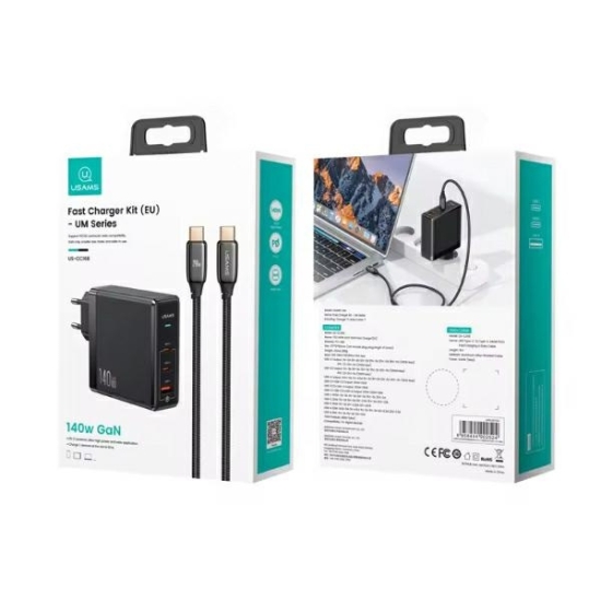 Ładowarka sieciowa USAMS US-CC168 USB-A, 2xUSB-C T52 PD 140W Fast Charging + kabel USB-C / USB-C 240W czarny/black